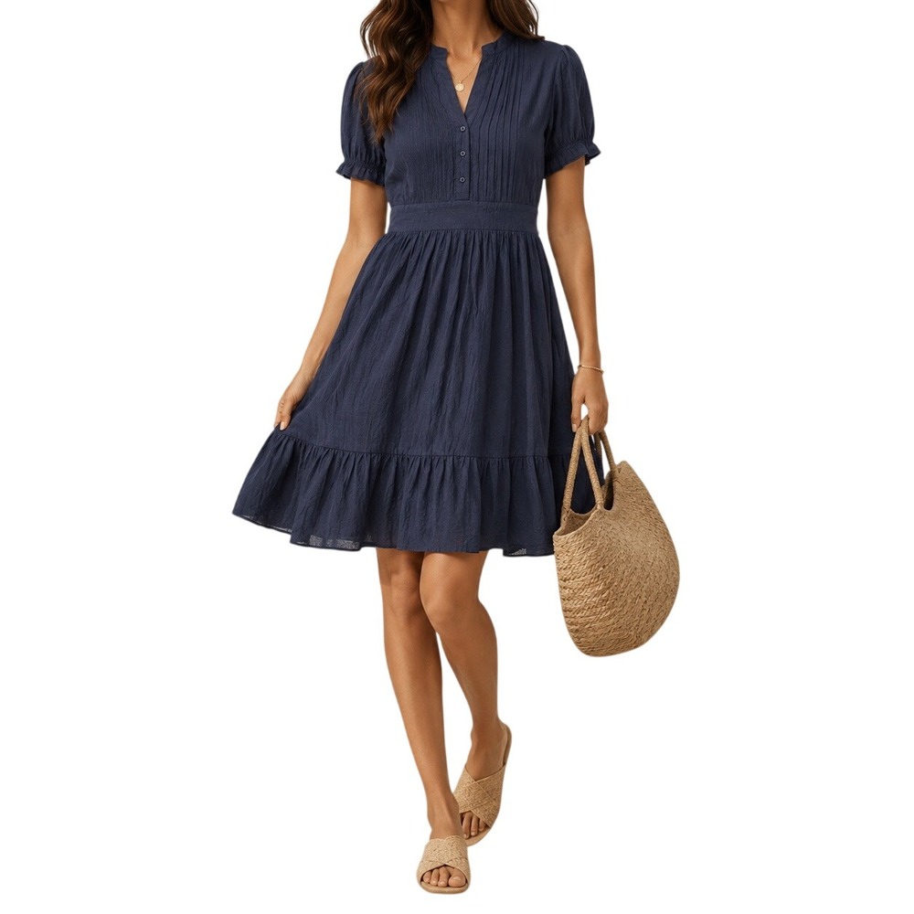 Indigo Rose Women's Blue Tiered Midi Dress PXL Pintuck Puff Sleeve Cottagecore